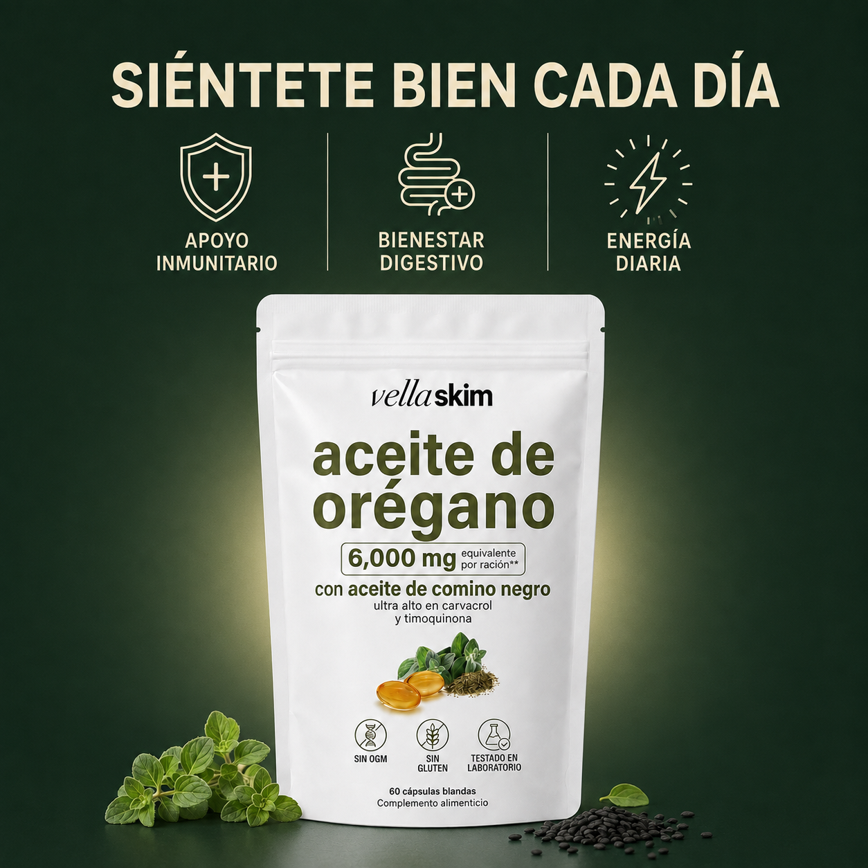 60 Cápsulas de aceite de Orégano Vellaskim™